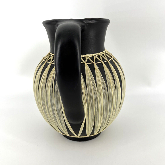 Vintage GMUNDNER KERAMIK Black Stoneware Pitcher Wrapped in Raffia Tribal - Picture 5 of 16